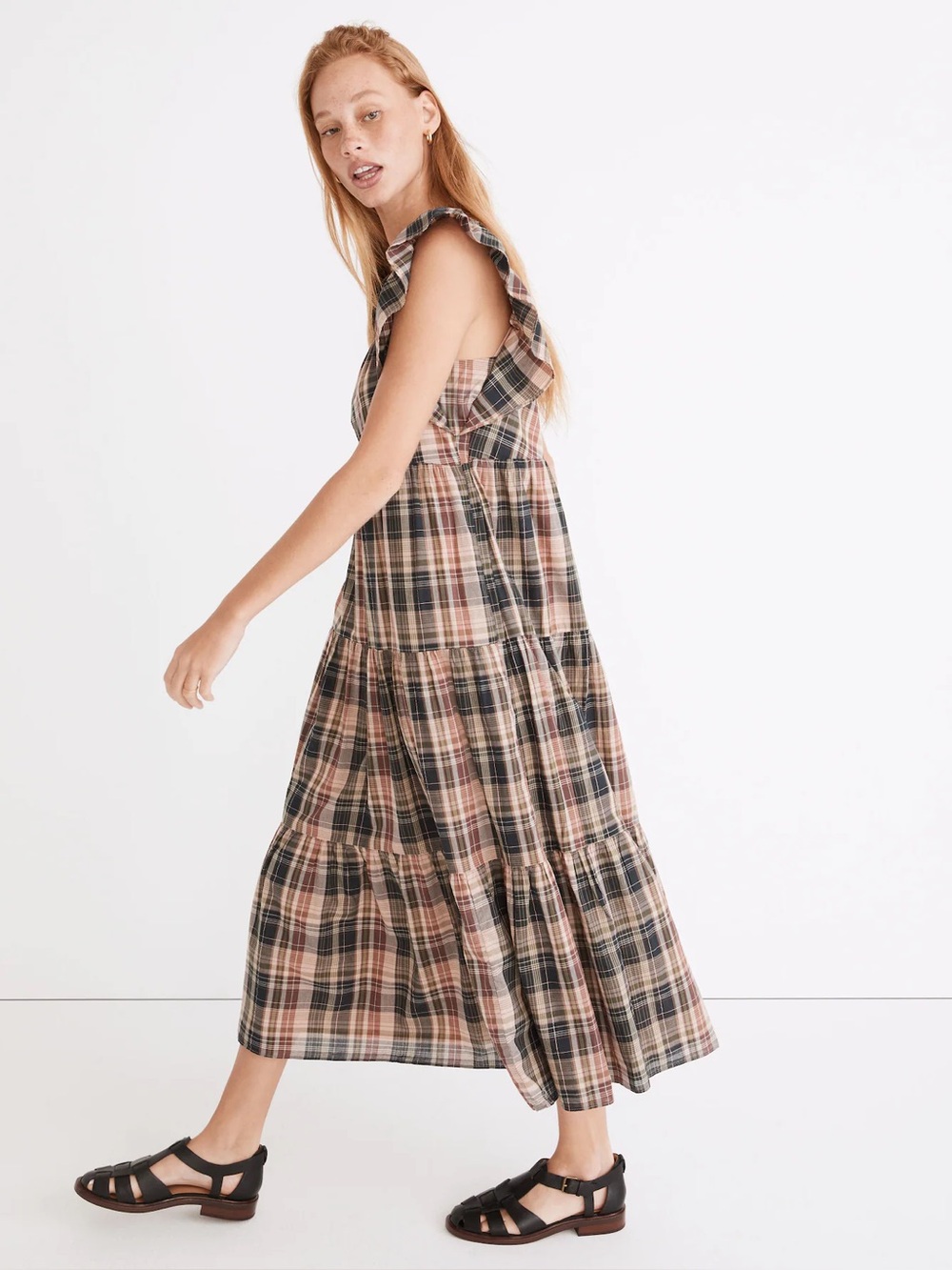 Madewell Flutter-Sleeve Tiered Midi Dress in Plaid XXL - Picture 2 of 12